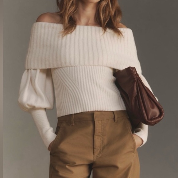 🟠NWT ANTHROPOLOGIE Tessa Off-The-Shoulder Puff-Sleeve Sweater in Ivory XL
